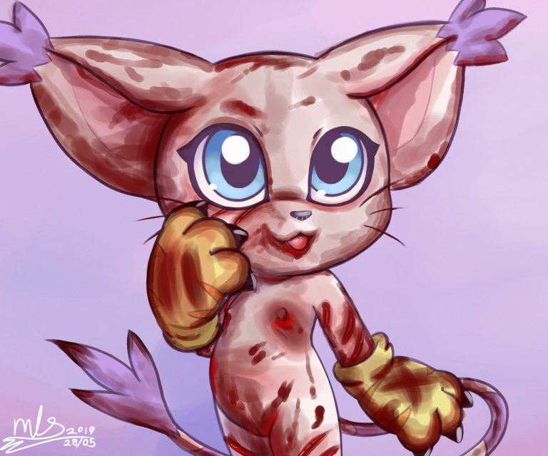 2019 blood blue_eyes bodily_fluids digimon digimon_(species) digital_media_(artwork) felid feline female fur gatomon haiiromon mammal nipples nude pussy simple_background smile solo tongue tongue_out whiskers white_fur