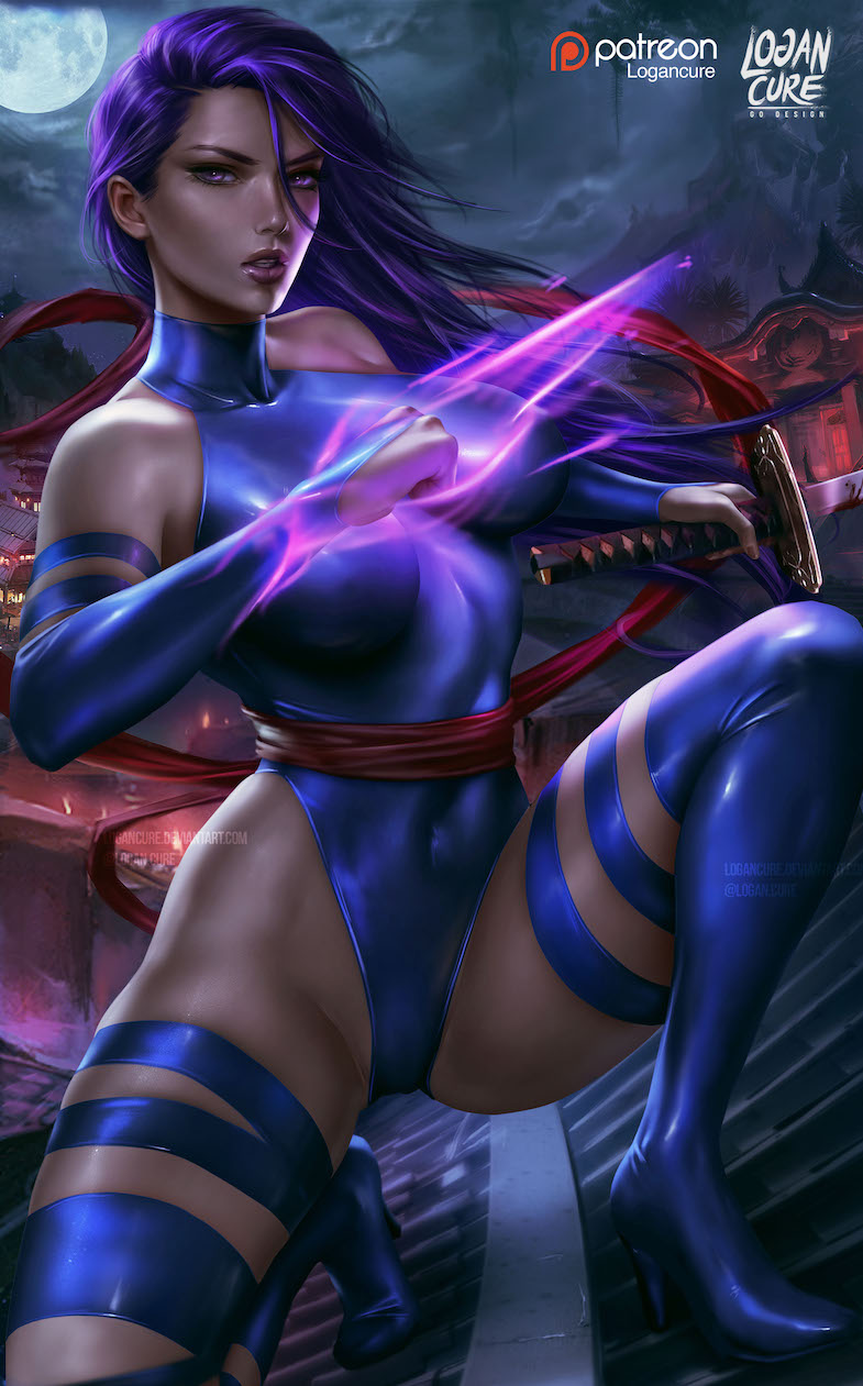 1girls, breasts, cleavage, female, female only, logan cure, looking at viewer, marvel, marvel comics, psylocke (kwannon), solo, spread legs, straight hair, x-men