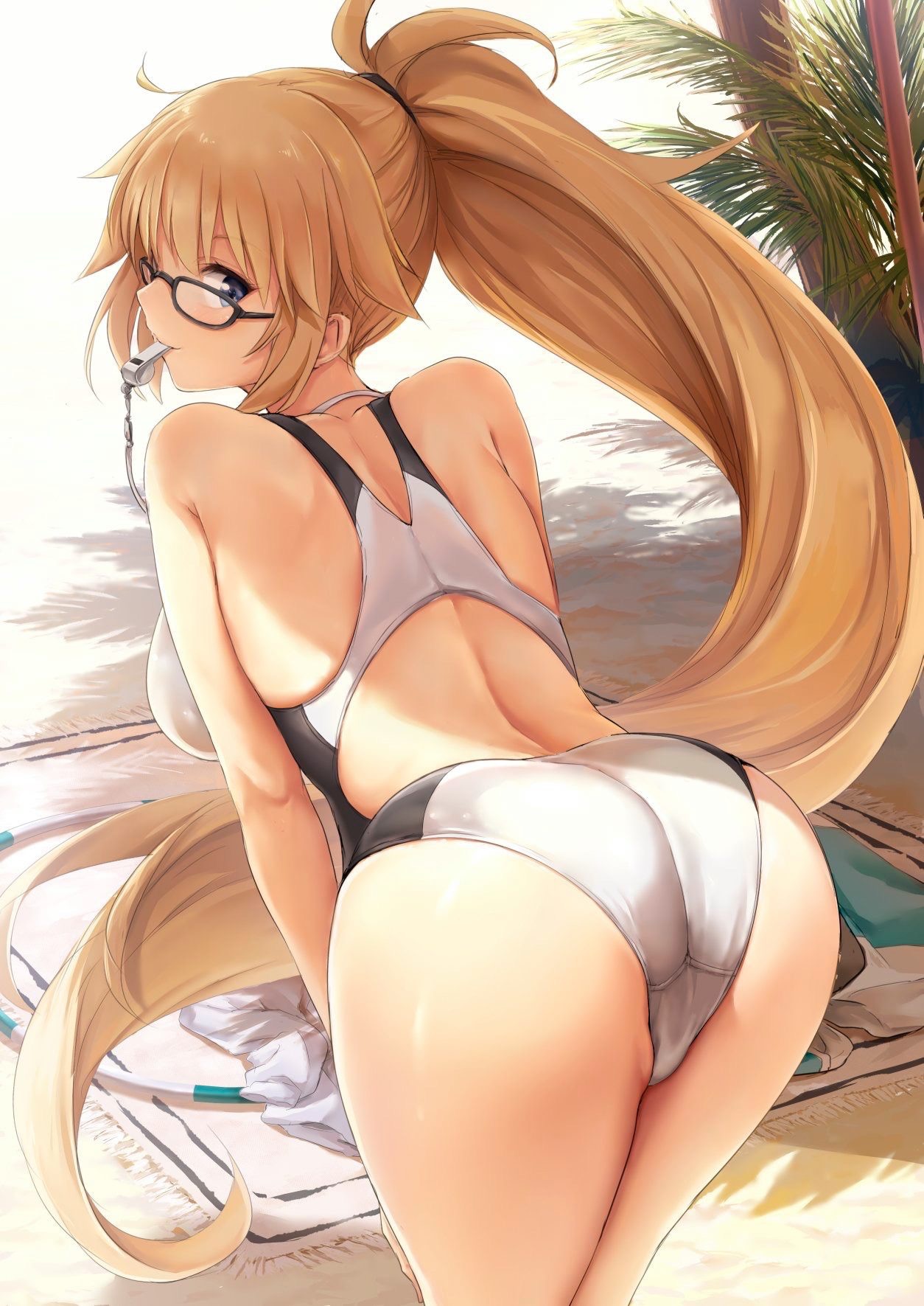 ass, beach, bent over, blonde hair, breasts, fate (series), fate/grand order, female, female only, glasses, jeanne d'arc (fate), jeanne d'arc (swimsuit archer), long hair, looking at viewer, looking back, one-piece swimsuit, shiny, shiny skin, swimsuit