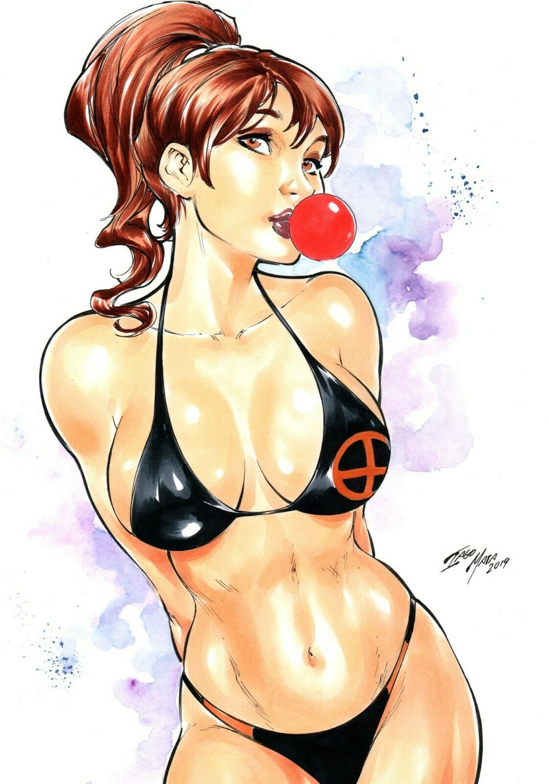1girls, 2019, arms behind back, belly button, bent forward, big breasts, black bra, black panties, blowing bubblegum, bra, breasts, brown eyes, brown hair, bubble gum, busty, cleavage, curvaceous, curvy, dated, ed benes studio, eyeshadow, female, female only, gum, homo superior, iago maia, kitty pryde, large breasts, leaning forward, long hair, makeup, marvel, marvel comics, mascara, midriff, mutant, navel, panties, pinup, ponytail, purple lips, purple lipstick, shadowcat, signature, solo, stomach, superheroine, thong, voluptuous, x-men