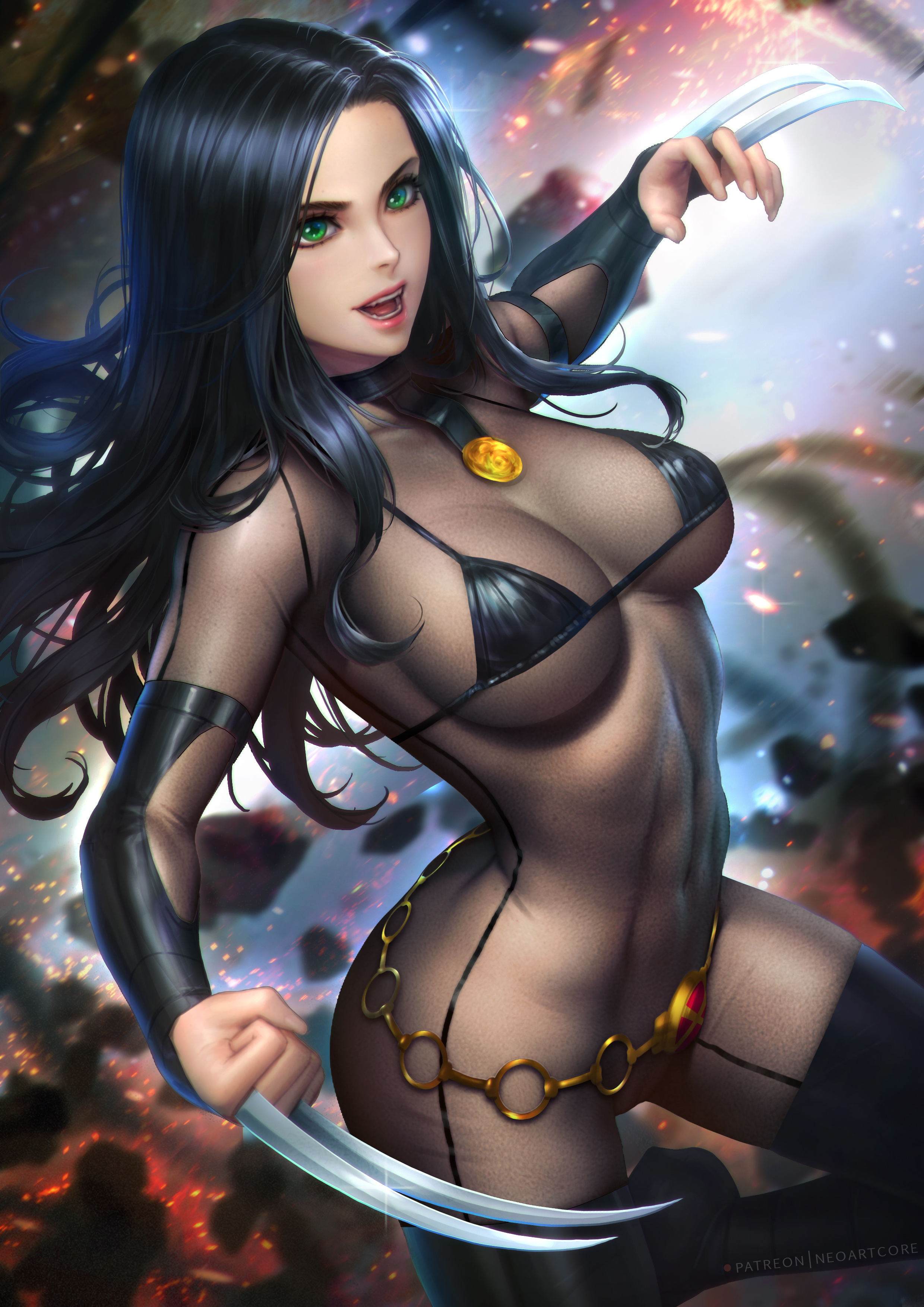 1girls, absurdres, black bra, black gloves, black hair, bra, cameltoe, claws, elbow gloves, female, female only, fingerless gloves, gloves, green eyes, highres, human, laura kinney, lingerie, long hair, marvel, marvel comics, navel, neoartcore, open mouth, paid reward, patreon reward, pussy, see-through, solo, thick thighs, thighs, x-23, x-men