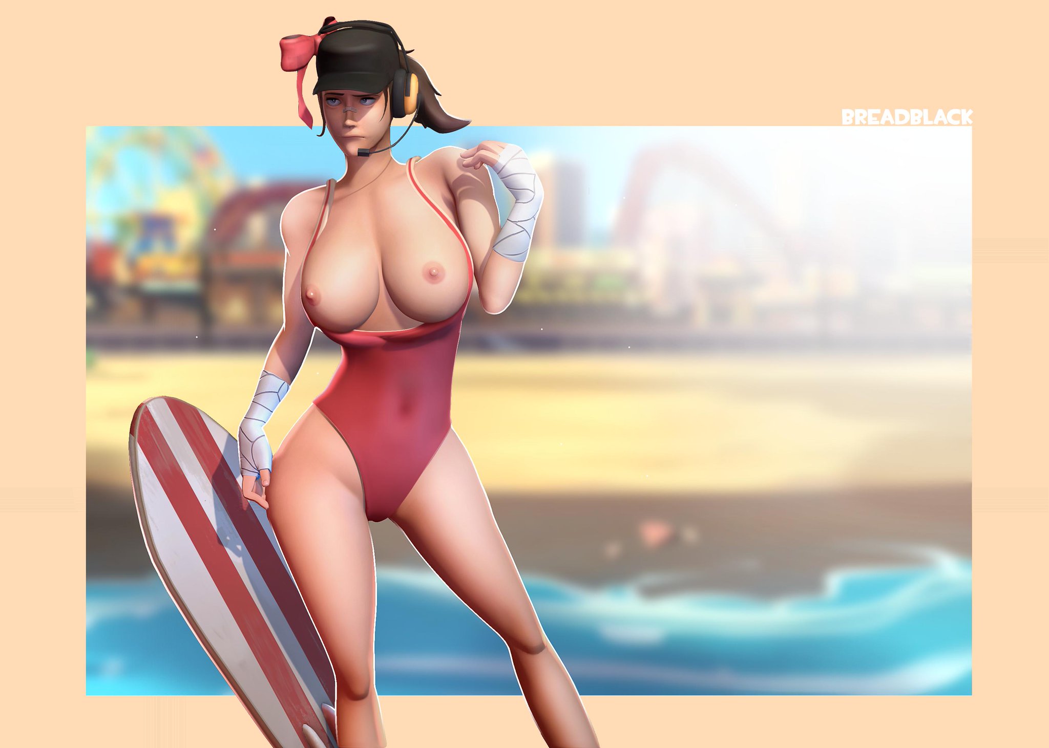 1girls, 3d, alternate version available, bathing suit, big breasts, bow, breadblack, breasts, cap, emotionless, expressionless, female, female only, femscout, femscout (team fortress 2), higher resolution available, human, human female, human only, looking away, ponytail, scout, scout (team fortress 2), solo, team fortress 2, uncomfortable, valve corporation