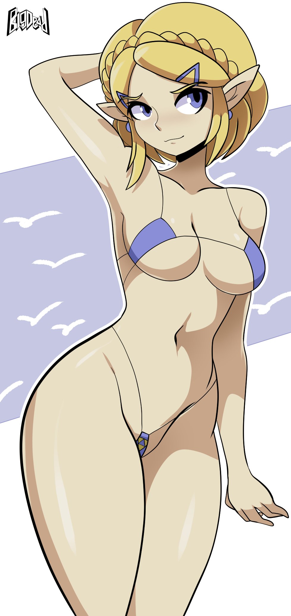 1girls, artist name, bad censor, bigdeadalive, bikini, blonde hair, breasts, breath of the wild, clothing, covered nipples, covering, covering crotch, female, female only, hair, hylian, nintendo, princess, princess zelda, short hair, solo, tears of the kingdom, the legend of zelda, watermark, zelda (tears of the kingdom)