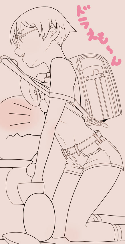 backpack bag denim denim_shorts doraemon doraemon_(character) flat_chest glasses go_robots kneeling monochrome nobita_nobi raglan_sleeves randoseru rule_63 shirt_lift short_hair shorts translated