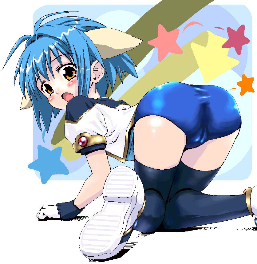 all_fours ass blue_hair blue_legwear blue_thighhighs broccoli buruma cameltoe from_behind galaxy_angel gloves gym_uniform looking_back mint_blancmanche open_mouth pointy_ears solo thighhighs