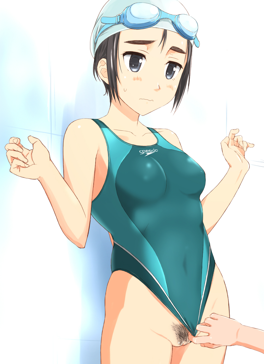 black_eyes black_hair blush cleft_of_venus competition_swimsuit female goggles goggles_on_head one-piece_swimsuit original pubic_hair pussy short_hair swim_cap swimsuit swimsuit_aside takafumi uncensored