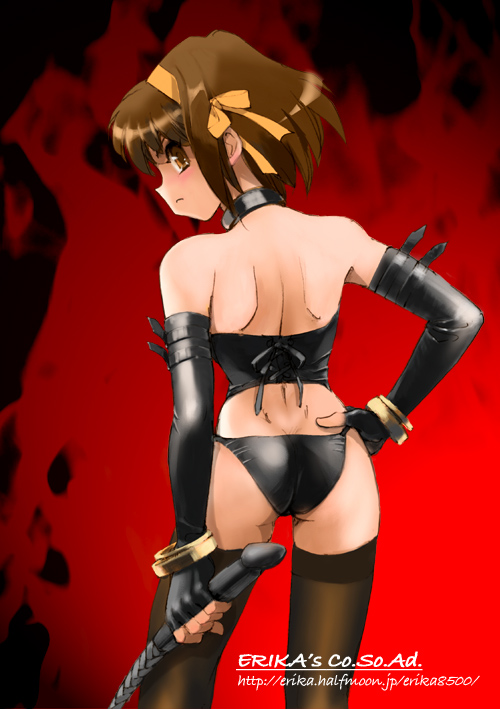 bare_shoulders black_panties black_stockings brown_eyes brown_hair choker collar dominatrix elbow_gloves gloves hair_ribbon hair_ribbons hand_on_hip hips leather legwear lingerie looking_back looking_over_shoulder panties ribbon ribbons shibata_masahiro short_hair shoulder_blades skin_tight stockings suzumiya_haruhi suzumiya_haruhi_no_yuuutsu thighhighs underwear whip