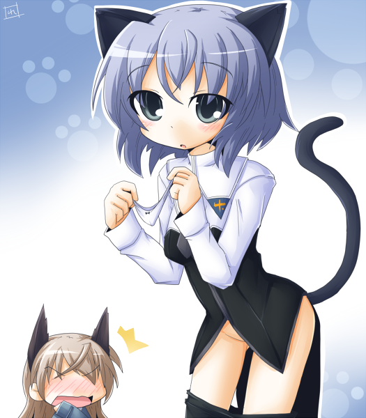 animal_ear blush clothing eila_ilmatar_juutilainen multiple_girls no_panties panties pantyhose reku sanya_v_litvyak small_breasts strike_witches tail underwear