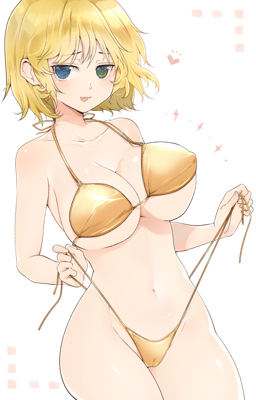 :p bare_arms bare_shoulders barely_clothed bikini_top blonde_female blonde_hair breasts cleavage golden_bikini heterochromia large_breasts mzknk0 nail_polish naughty_face nipple_bulge nipples nipples_visible_through_clothing short_hair technically_clothed thin tongue_out undressing