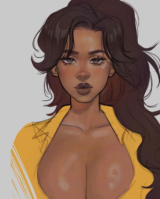 1girls big_breasts breasts brown_hair cleavage dark-skinned_female dead_estate gwenervi long_hair lydia_marsh tagme yellow_clothing