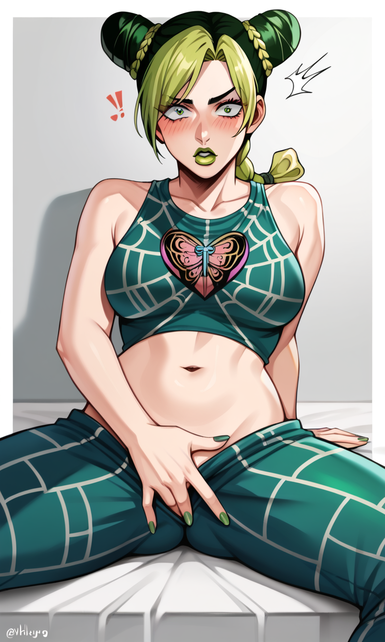 1girls ai_generated bed big_breasts blonde_hair blush braid braided_ponytail canon canonical_masturbation canonical_scene caught caught_in_the_act caught_masturbating embarrassed embarrassed_female exclamation_point fingering green_fingernails green_hair green_lipstick hair_buns jojo's_bizarre_adventure jolyne_kujo kosine1777 large_breasts masturbating masturbation mattress pants pants_down prison prisoner shocked shocked_expression sitting sitting_on_mattress spiderweb_pattern stone_ocean surprised tank_top