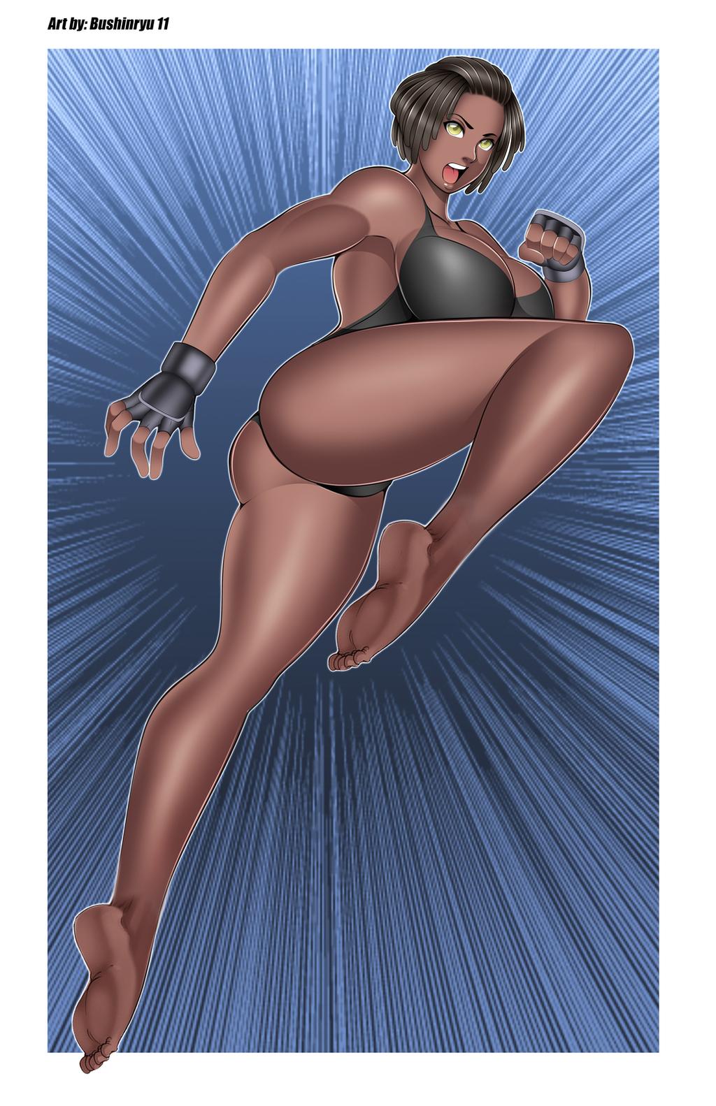 2d artist_name artist_signature ass ass_up attack black_hair breasts bushinryu11 dark-skinned_female dark_skin feet fingerless_gloves jacqui_briggs knee_strike knees_up legs leotard mortal_kombat mortal_kombat_11 muay_thai short_hair thighs video_games