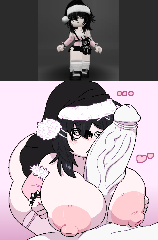 1boy 1girls 2d 2d_(artwork) 2d_artwork big_ass big_breasts big_nipples black_hair black_skirt christmas_hat eatidalemons eatlemons huge_ass huge_breasts huge_cock merry_christmas naked paizuri penis_between_breasts pink_body reference_image roblox roblox_avatar robloxian skirt staring_at_penis tagme