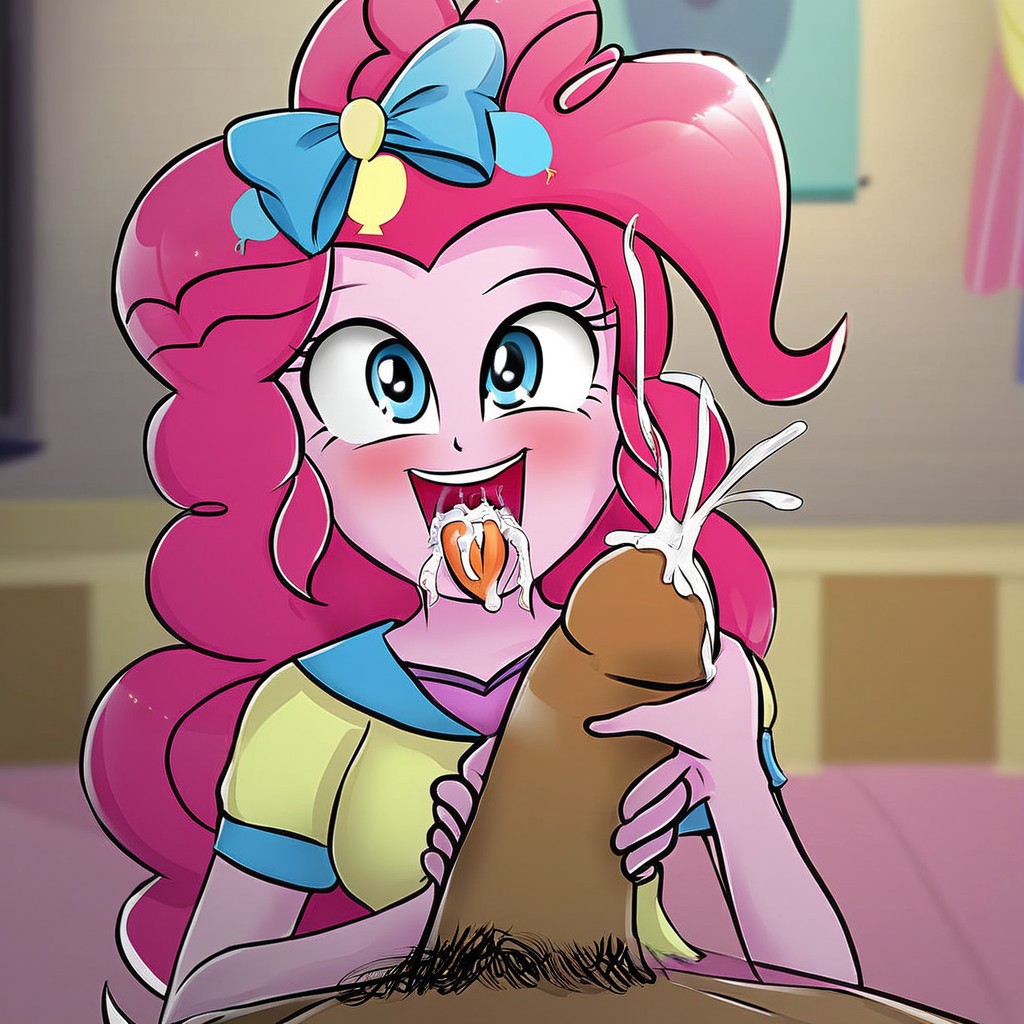 cum_in_mouth equestria_girls handjob looking_at_viewer my_little_pony pink_hair pinkie_pie_(mlp) pov