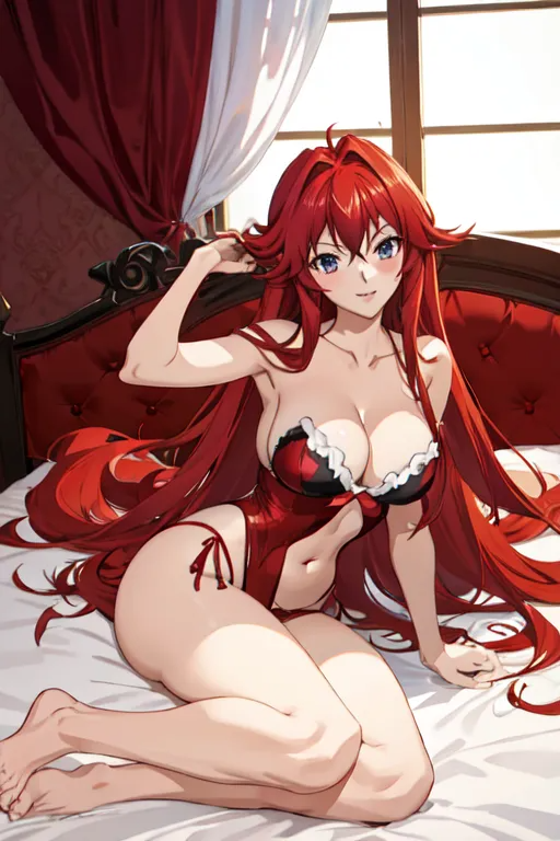 ai_generated ass bed bedroom belly_button big_breasts blue_eyes breasts feet high_school_dxd laying_on_bed legs legs_together long_hair looking_at_viewer playing_with_hair red_hair red_lingerie rias_gremory sexy_pose smile smiling smiling_at_viewer thighs white_bedding