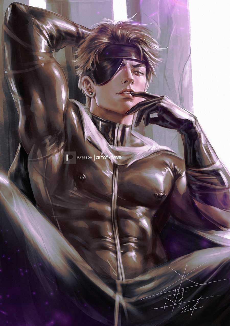 1boy aizen_sousuke biceps biting_own_finger bleach brown_hair earrings eyepatch leather_clothing male male_only muscular muscular_male nipples_visible_through_clothing one_arm_up only_male pierced_nipples seductive_look sole_male solo xtevestrange yaoi