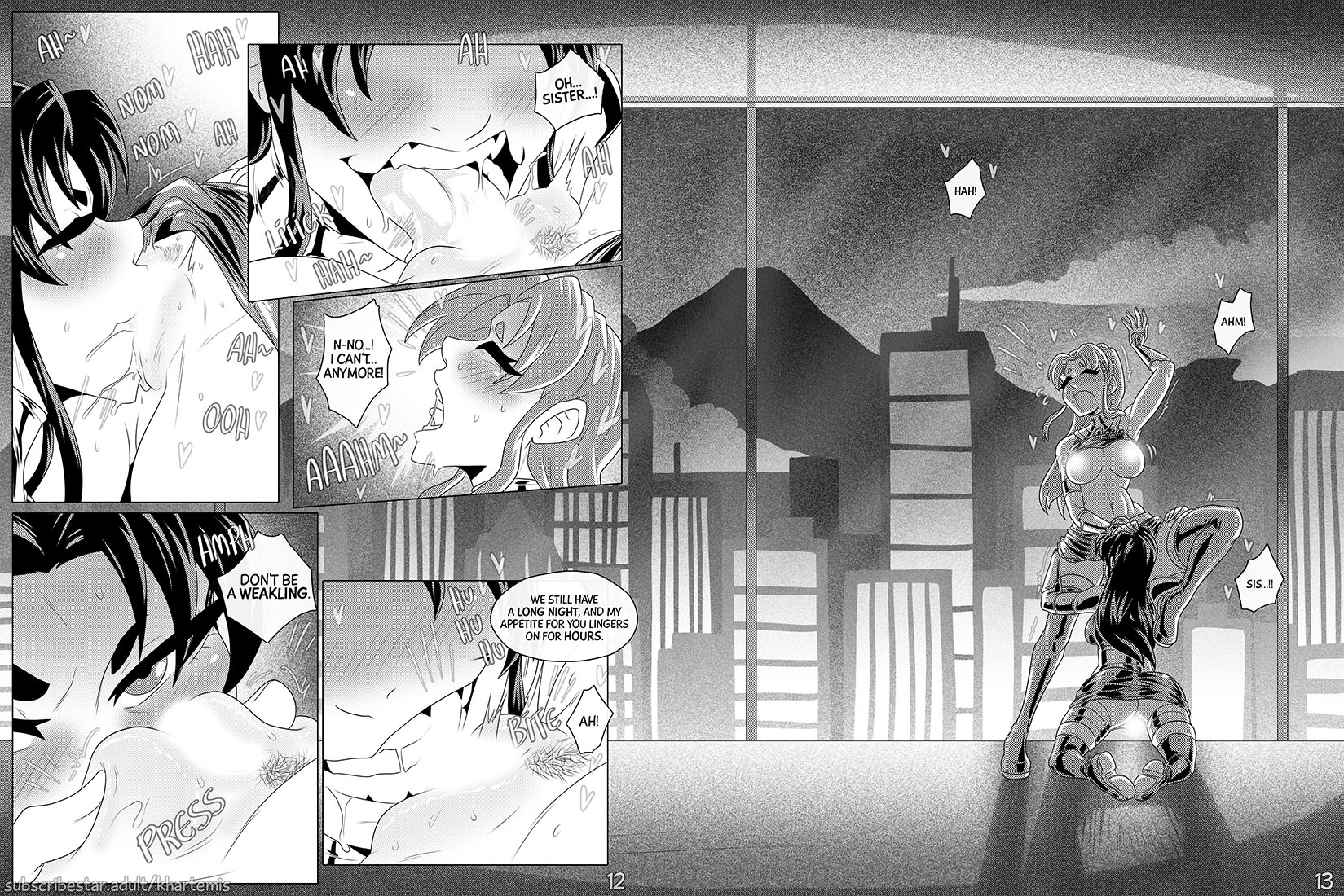 2girls, blackfire, breasts, breasts out, censored, censored genitalia, censored nipples, censored pussy, comic, cunnilingus, dc, dc comics, dialogue, female, female only, female pubic hair, female/female, greyscale, incest, khartemis, lesbian sex, licking pussy, monochrome, multiple females, multiple girls, oral, oral sex, page 12, pubic hair, pussy, pussy juice, pussy juice drip, sisters, speech bubble, starfire, teen titans, text, yuri