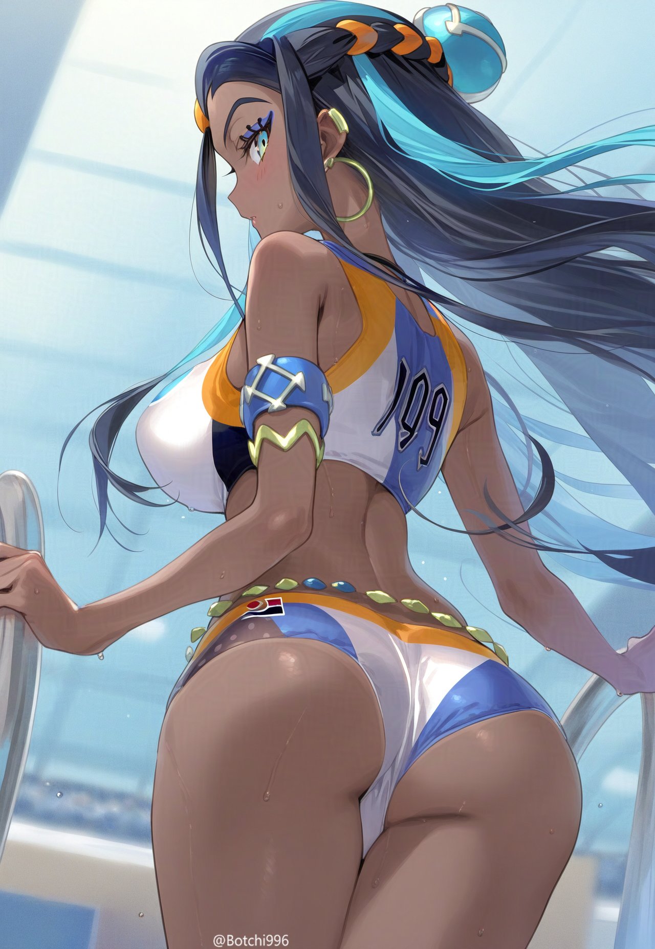 1girls ass big_ass big_breasts blue_hair botchi996 breasts busty dark-skinned_female fat_ass female female_only hi_res large_breasts long_hair looking_at_viewer looking_back midriff nessa_(pokemon) nintendo pokemon pool seductive seductive_look sensual shorts sideboob water