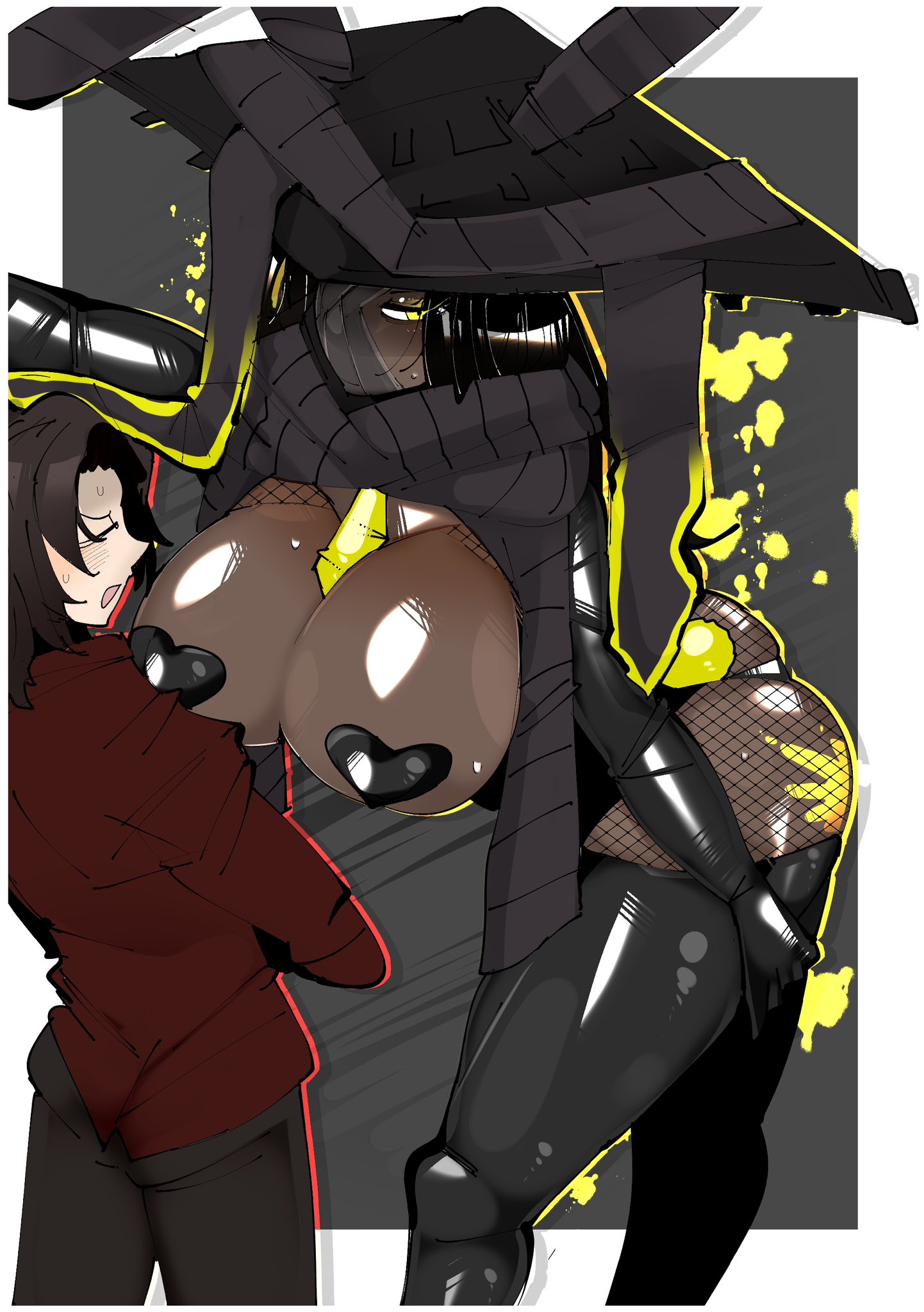 bamboo hat, bandage on face, big breasts, black hair, breasts, bunny ears, bunny tail, bunnysuit, covered face, dark skin, dark-skinned female, female, fishnets, gloves, hat, heart pasties, kanakanamry, limbus company, long hair, one eye covered, pasties, project moon, shi yihua (limbus company), stockings, tie, zilu (limbus company)