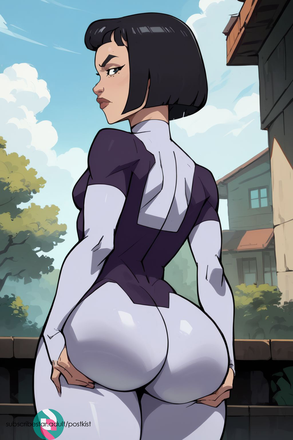 ai_generated ass ass_grab butt_lift dupli-kate grabbing_ass grabbing_own_ass hands_on_ass invincible invincible_(tv_series) looking_back stable_diffusion tagme unamused