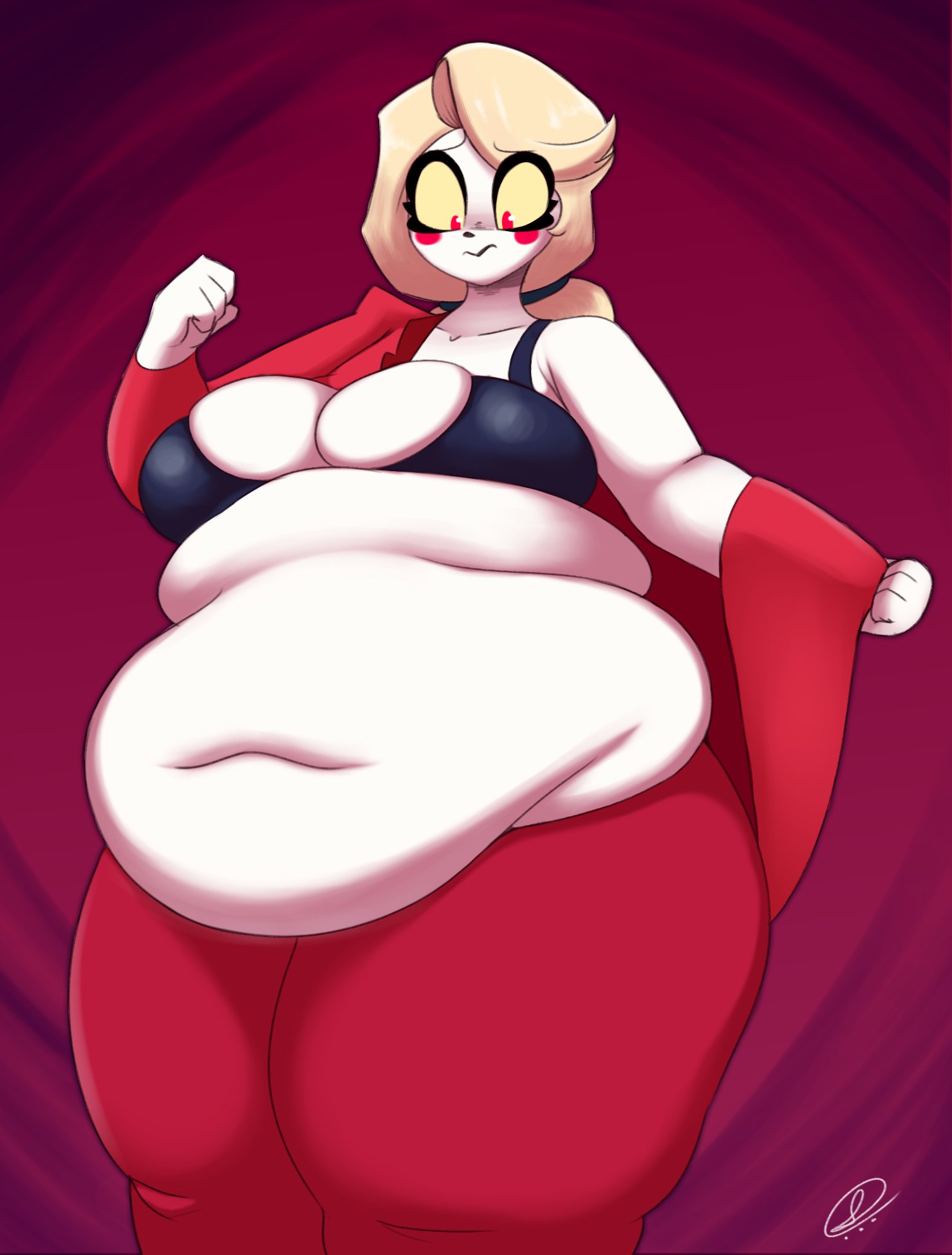 charlie_morningstar_(hazbin_hotel) embarassed hazbin_hotel huge_belly mr_just1ce obese obese_female overweight overweight_female tagme vivziepop wardrobe_malfunction weight_gain