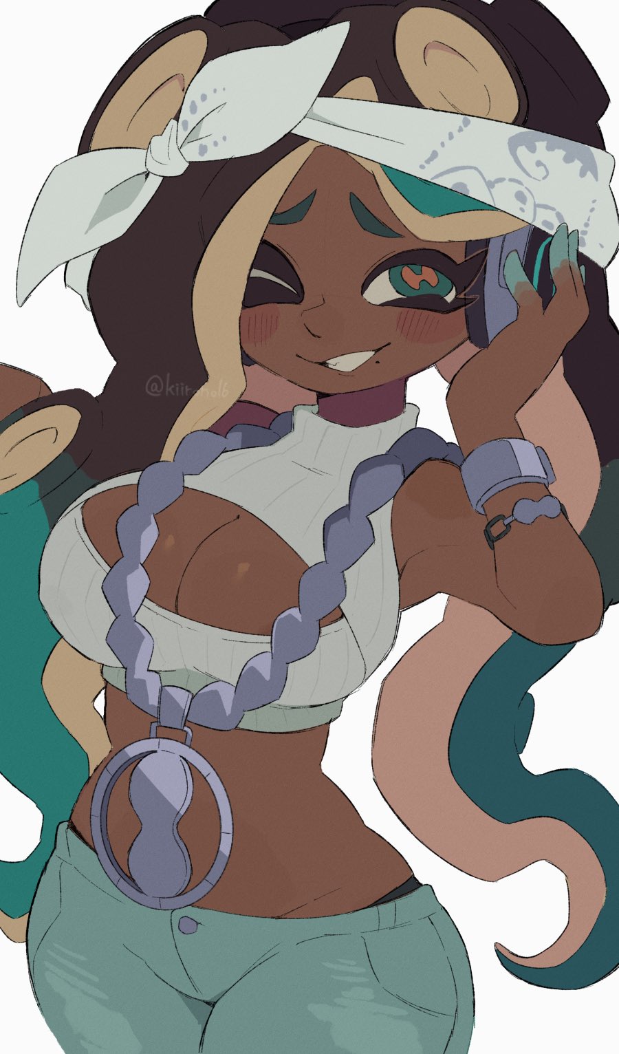 1girls adapted_costume bandana big_breasts black_hair bra bracelet breast_cutout chains cleavage clothed clothing crop_top cutout dark-skinned_female green_fingers green_hair headband headphones jeans kiirono long_hair looking_at_viewer marina_(octo_expansion) marina_(splatoon) nintendo nipple_bulge nipples no_panties octoling octoling_girl ribbed_shirt splatoon splatoon_2 splatoon_2:_octo_expansion tentacle_hair turtleneck two-tone_hair wink wristwear