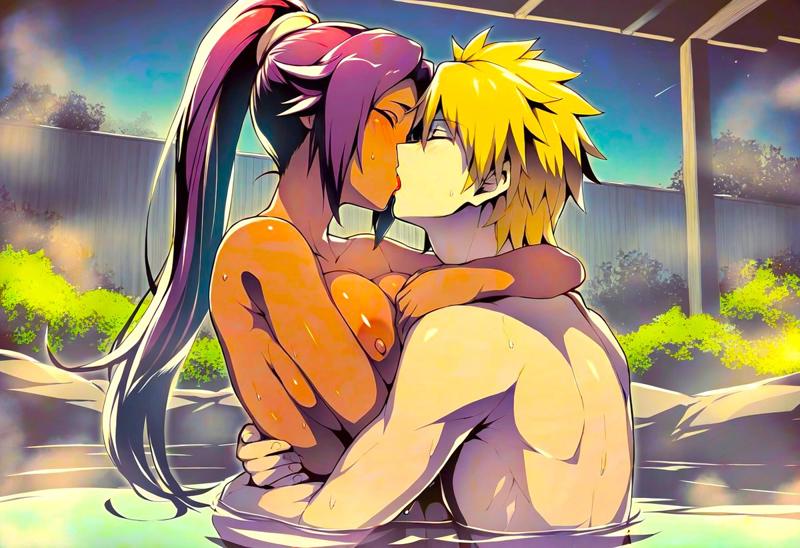 ai_generated babe black_nipples blonde_hair breast_press chocolate crossover crossover_kiss crossover_shipping dark_skin dark_skinned_female hands_around_neck hokage hug interracial interracial_kiss interracial_sex kissing kunoichi large_breasts namikaze_minato night ninja nipples novelai onsen partially_submerged ponytail sex shihouin_yoruichi shinigami shinobi spiky_hair steam steaming_body voluptuous warrior white_male woman woman_on_top