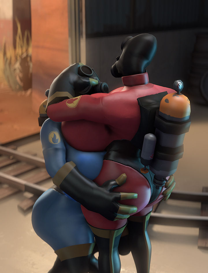 2girls 3d ass big_ass big_breasts breasts female female_only fempyro gas_mask hands_on_ass human human_female human_only hyper_fortress large_breasts mask masked masked_female pyro sfm source_filmmaker team_fortress_2 thigh_boots thigh_high_boots valve