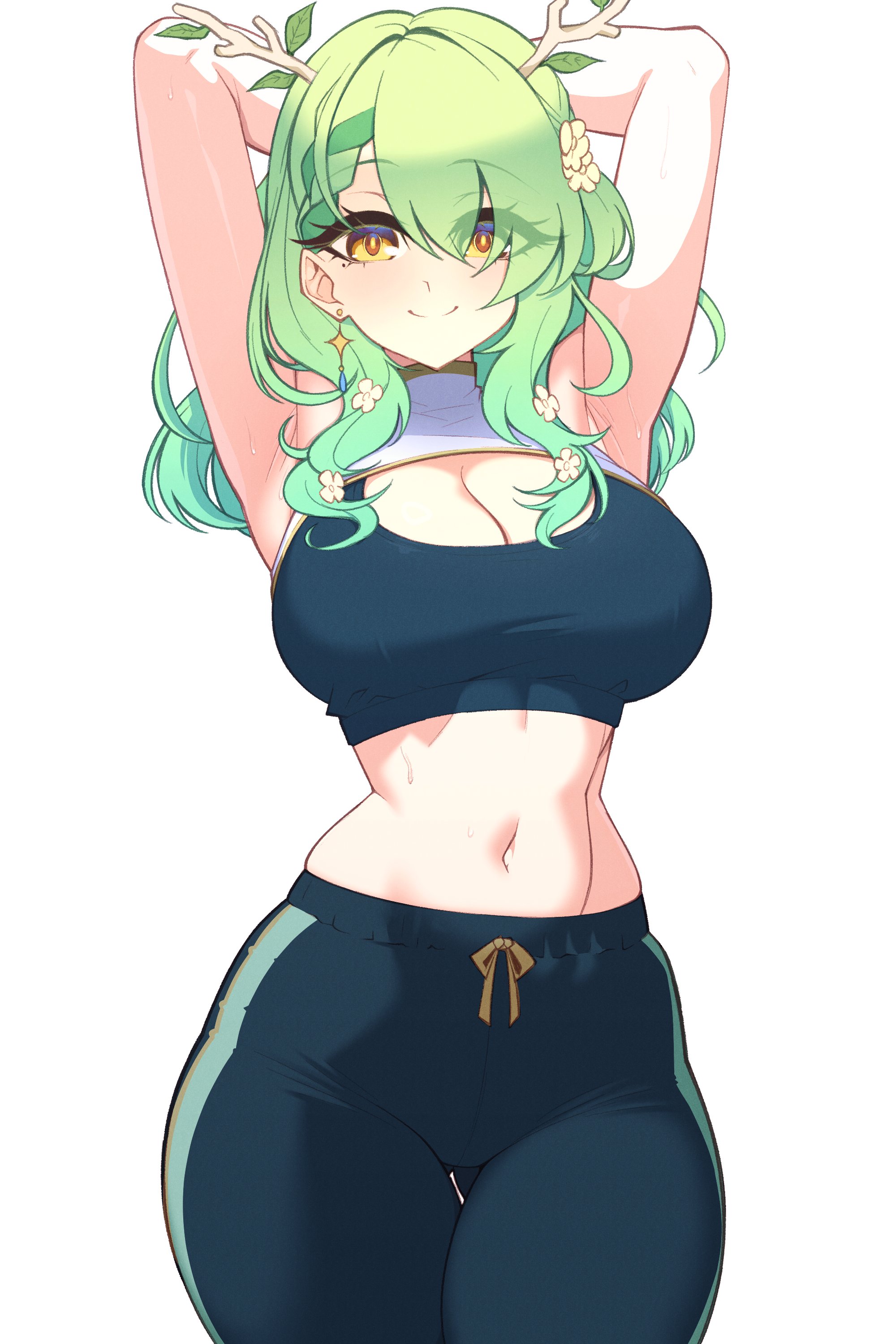 1girls, big breasts, breasts, ceres fauna, female, flower in hair, green hair, hololive, hololive english, hololive english -council-, hololive english -promise-, looking at viewer, pov, scrimblocrimbo, tagme, virtual youtuber