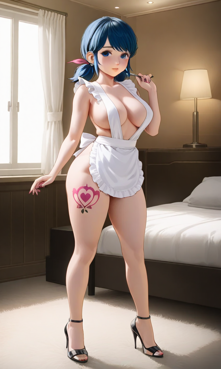 ai_generated bedroom blue_eyes blue_hair chloenette69 eyebrows eyelashes hotel ladybug_(character) large_ass large_breasts looking_at_viewer maid_apron marinette_cheng marinette_dupain-cheng miraculous:_tales_of_ladybug_and_cat_noir miraculous_ladybug naked_female sexy stiletto_heels tattoo thick_thighs twintails