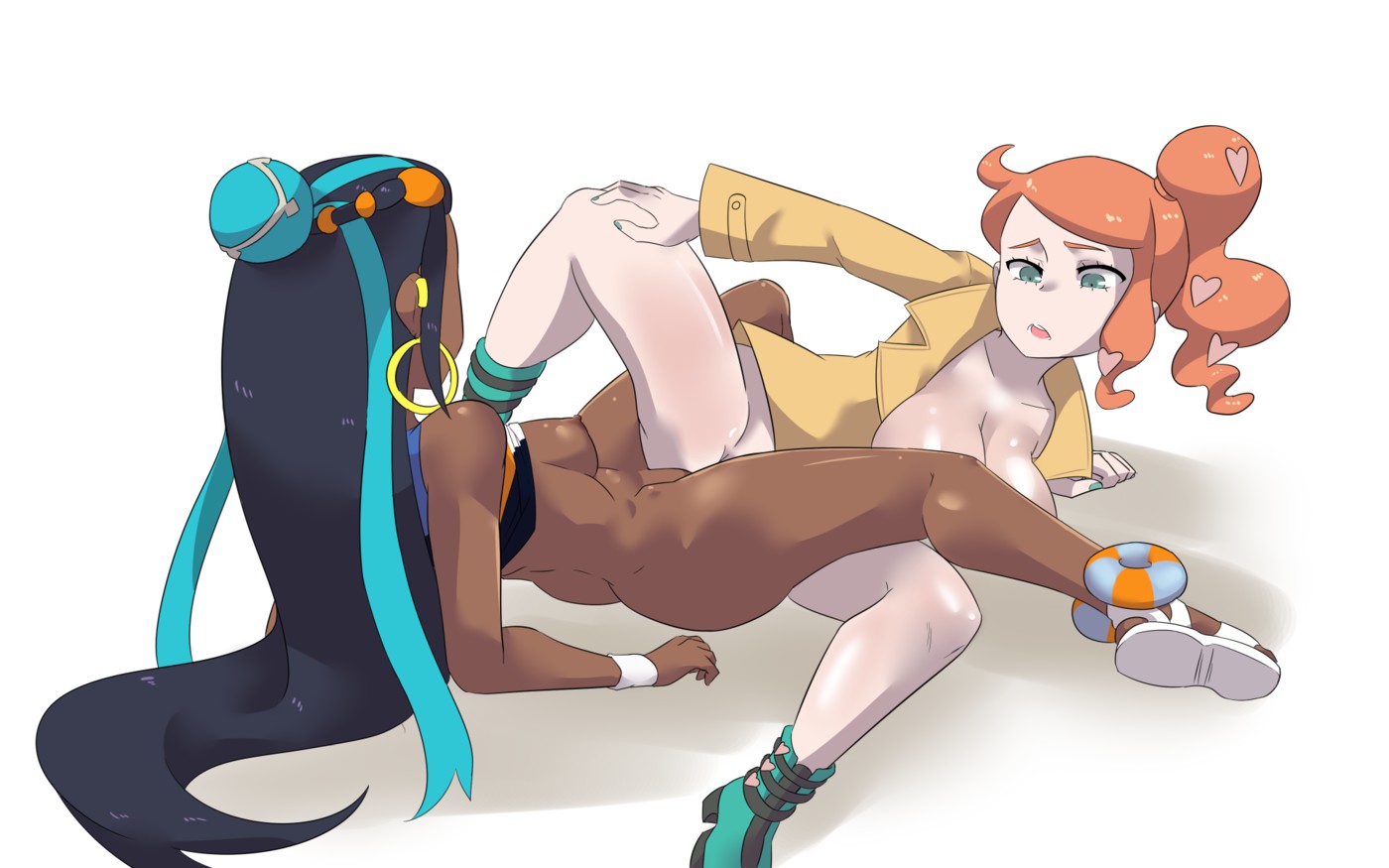 2girls, alternate breast size, areola, ass, big breasts, blue nails, boots, bottomless, breasts, coat, dark skin, dark-skinned female, earrings, female, female only, game freak, green eyes, hair ornament, heart, heel boots, high heel boots, hoop earrings, huge breasts, human, human only, interracial, large breasts, long hair, looking away, masturbation, multiple females, multiple girls, mutual masturbation, nail polish, nessa (pokemon), nintendo, nipples, open mouth, open toe shoes, orange hair, pokemon, pokemon ss, sandals, shirt, shoes, side ponytail, sonia (pokemon), source request, spread legs, teeth, thick thighs, tongue, tribadism, ukaya masaru mx, very long hair, white background, wide hips, yuri