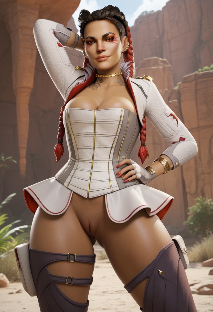 1girls 3d ai_generated apex_legends clothed half-dressed half_naked loba loba_(apex_legends) presenting_pussy pussy solo solo_focus standing