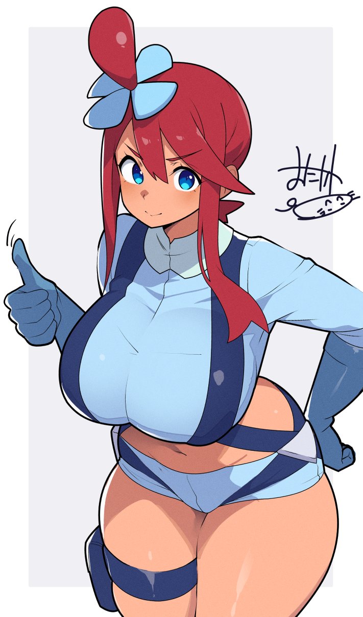 1girls, big breasts, blue eyes, game freak, hair bun, hair ornament, mituyota 76, nintendo, pokemon, pokemon bw, red hair, skyla (pokemon), solo, thick thighs, thumbs up, wide hips