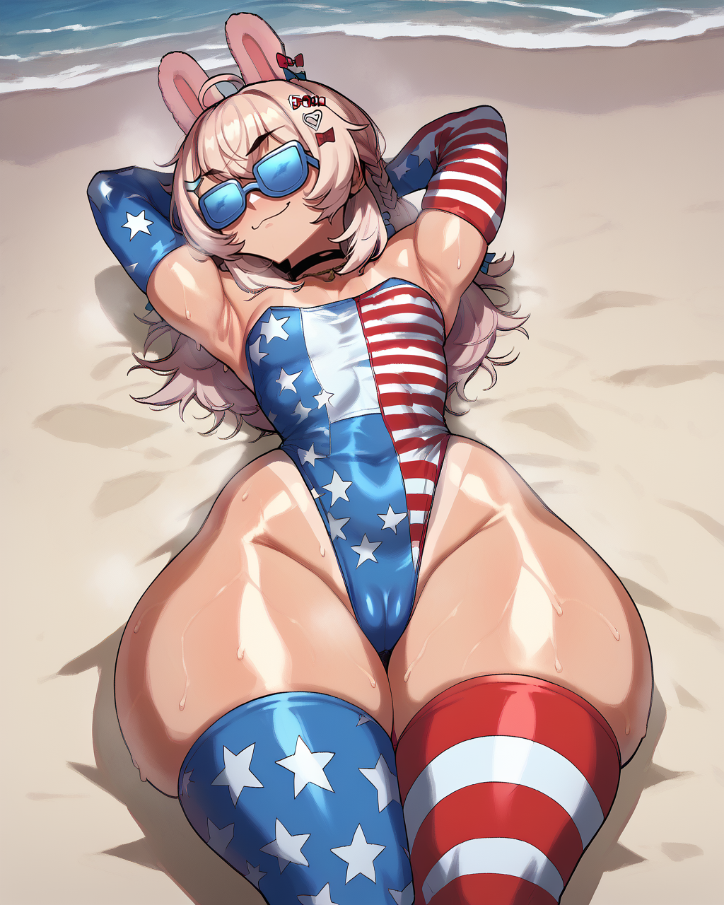 ai_generated american_flag american_flag_legwear beach bunny_ears bunny_girl huge_ass latex leotard lying_on_back phase_connect pipkin_pippa royalcockwarmer small_breasts smug stable_diffusion sunglasses tan_body tanline thick_thighs tinted_eyewear virtual_youtuber vtuber wide_hips