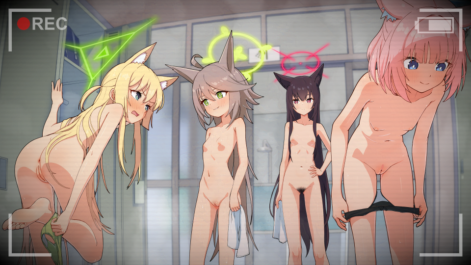 4girls animal_ears blonde_hair blue_archive brown_hair commission female_pubic_hair fox_ears fox_girl fox_platoon_(blue_archive) halo hidden_camera holding holding_towel kurumi_(blue_archive) long_hair multiple_girls niko_(blue_archive) otogi_(blue_archive) pink_hair pixiv_commission pubic_hair recording removing_pasties school_uniform serafuku special_cat standing standing_on_one_leg towel video_camera viewfinder voyeurism yukino_(blue_archive)