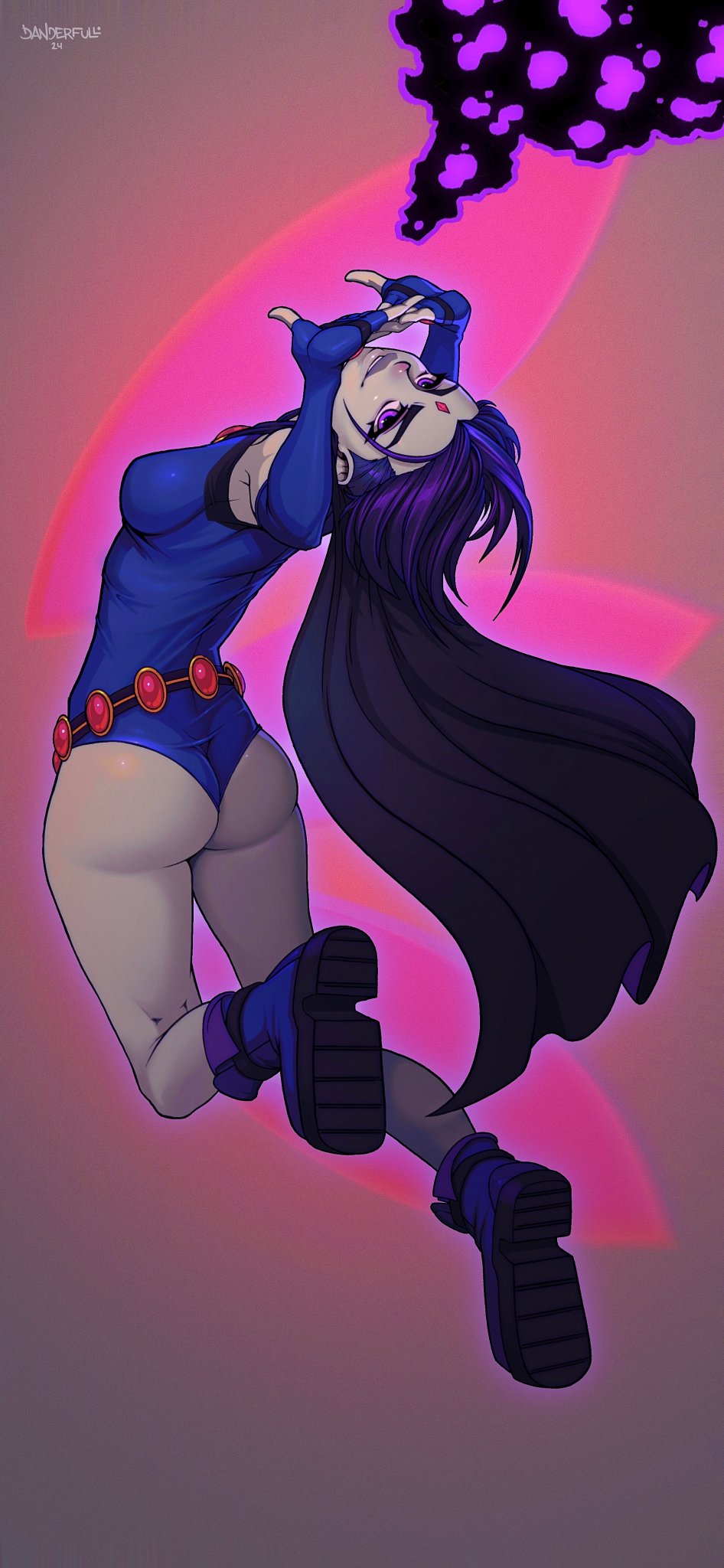 1girls ai_generated ass back_view flying grey_body looking_at_viewer looking_back raven_(dc) short_hair simple_background small_breasts smiling tagme teen_titans