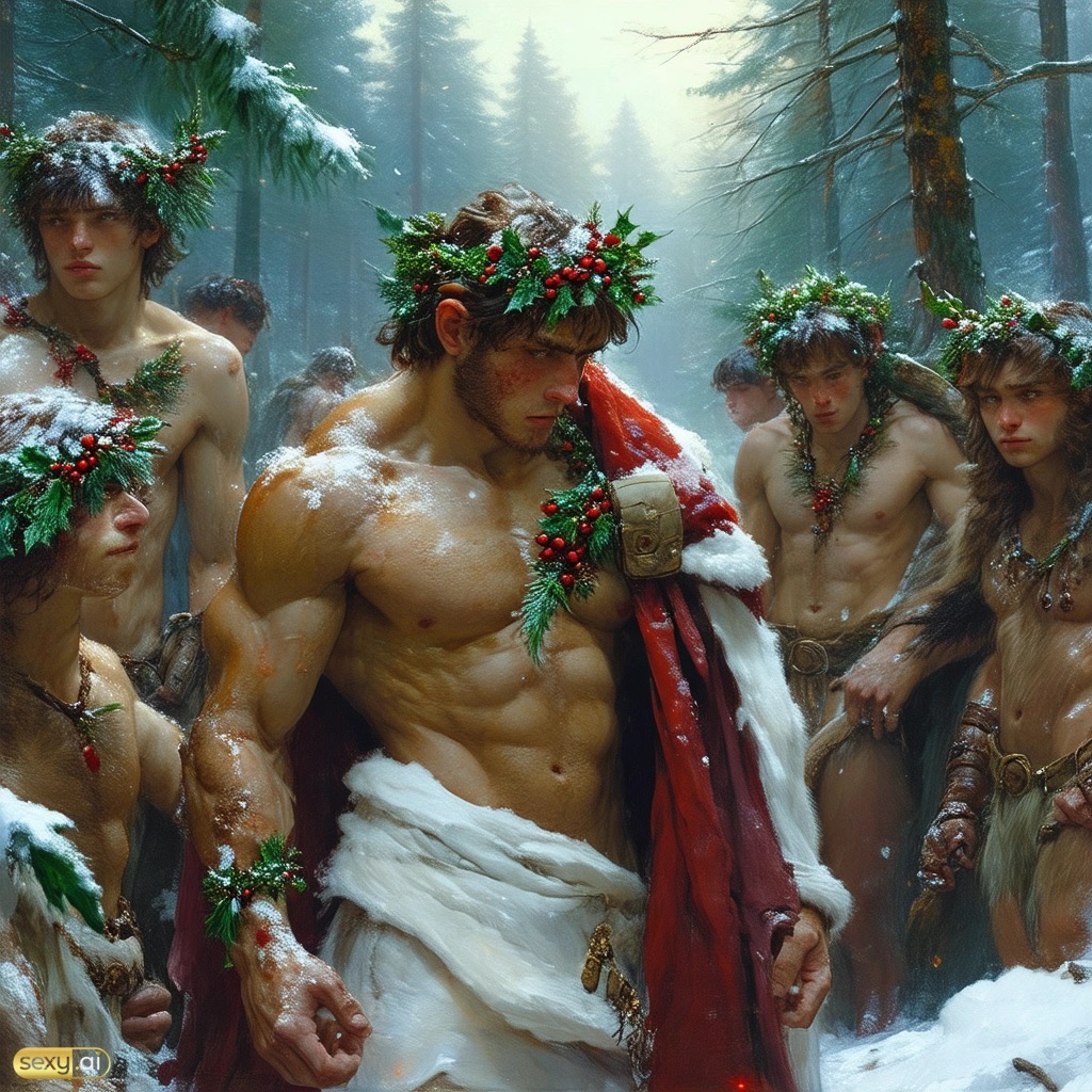 8boys abs ai_generated beard brown_hair facial_hair holly_(plant) human long_hair_male male male_nipples male_only muscles muscular_male no_visible_genitalia pecs smooth_skinned_male snow winter worshiping