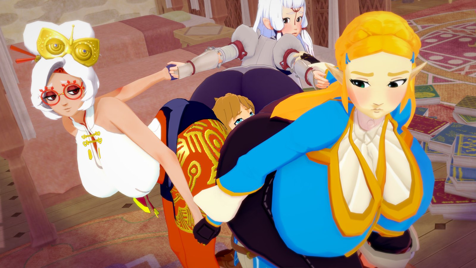 3d, albyon, ass, ass sandwich, ass to ass, bent over, big ass, big breasts, big butt, breasts, breath of the wild, face in ass, female, gigantic breasts, glasses, green eyes, holding hands, link, looking back, nintendo, on knees, paya (the legend of zelda), pointy ears, princess zelda, purah, purah (tears of the kingdom), red eyes, smothering, standing, tears of the kingdom, the legend of zelda, white hair, zelda (breath of the wild)