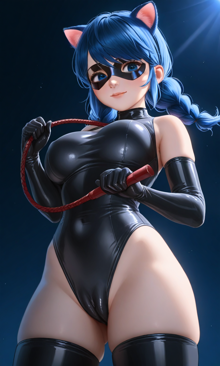 ai_generated blue_eyes blue_hair cameltoe chloenette69 domino_mask ladybug_(character) large_ass large_breasts latex_bodysuit latex_gloves latex_thighhighs looking_at_viewer marinette_cheng marinette_dupain-cheng miraculous:_tales_of_ladybug_and_cat_noir miraculous_ladybug smiling_at_viewer solo solo_female thick_thighs twin_braids whip