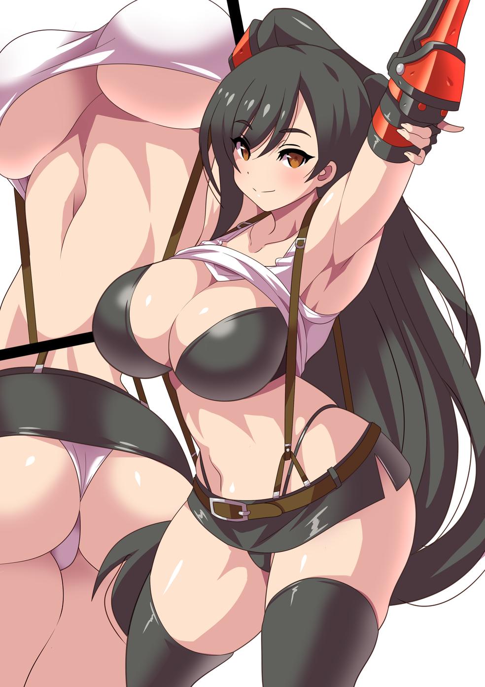 1girls, abs, alternate breast size, anime style, armpits, arms up, ass, big breasts, black panties, bra, breasts, bubble ass, bubble butt, cleavage, curvaceous, female, female only, final fantasy, final fantasy vii, huge breasts, konno tohiro, large breasts, looking at viewer, muscular, muscular female, naughty face, panties, seductive, seductive smile, skirt, smile, solo, thick thighs, thighhighs, tifa lockhart, underboob, voluptuous, white panties