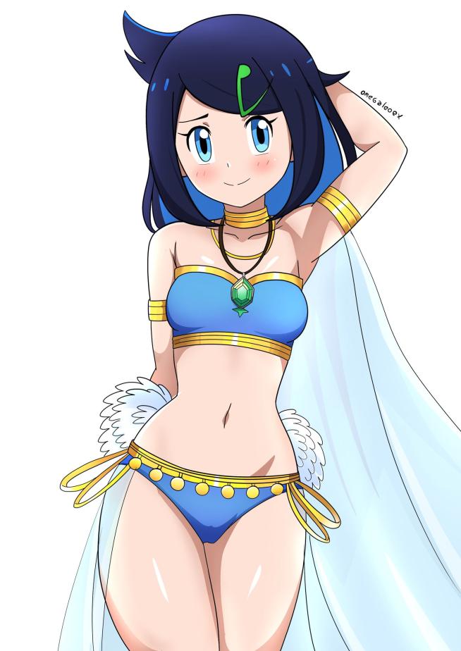 2020s bare_arms bare_legs bare_midriff bare_shoulders bare_thighs belly_button belly_dancer belly_dancer_outfit blue_bottoms blue_bra blue_eyes blue_hair blue_underlights blush blush blush_lines bottoms bra bracelet coin_belt coin_on_string crystal_necklace dancer dancer_class dancer_girl dancer_outfit feathers gold_(metal) gold_bracelets gold_collar gold_jewelry golden_bracelets golden_collar hourglass_figure hourglass_figured_female liko_(pokemon) looking_at_viewer midriff navel necklace pokemon pokemon_(anime) pokemon_horizons pov pov_eye_contact silk silk_clothing silk_scarf thick_thighs underlights white_background white_feathers white_silk