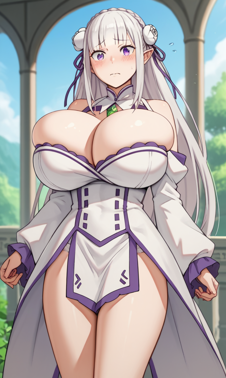 1girls ai_generated bursting_breasts cleavage dress elf elf_ears elf_female emilia_(re:zero) flower_in_hair hair_ribbon huge_breasts kosine1777 long_hair purple_eyes re:zero_kara_hajimeru_isekai_seikatsu ribbon silver_hair thick_thighs white_dress white_hair