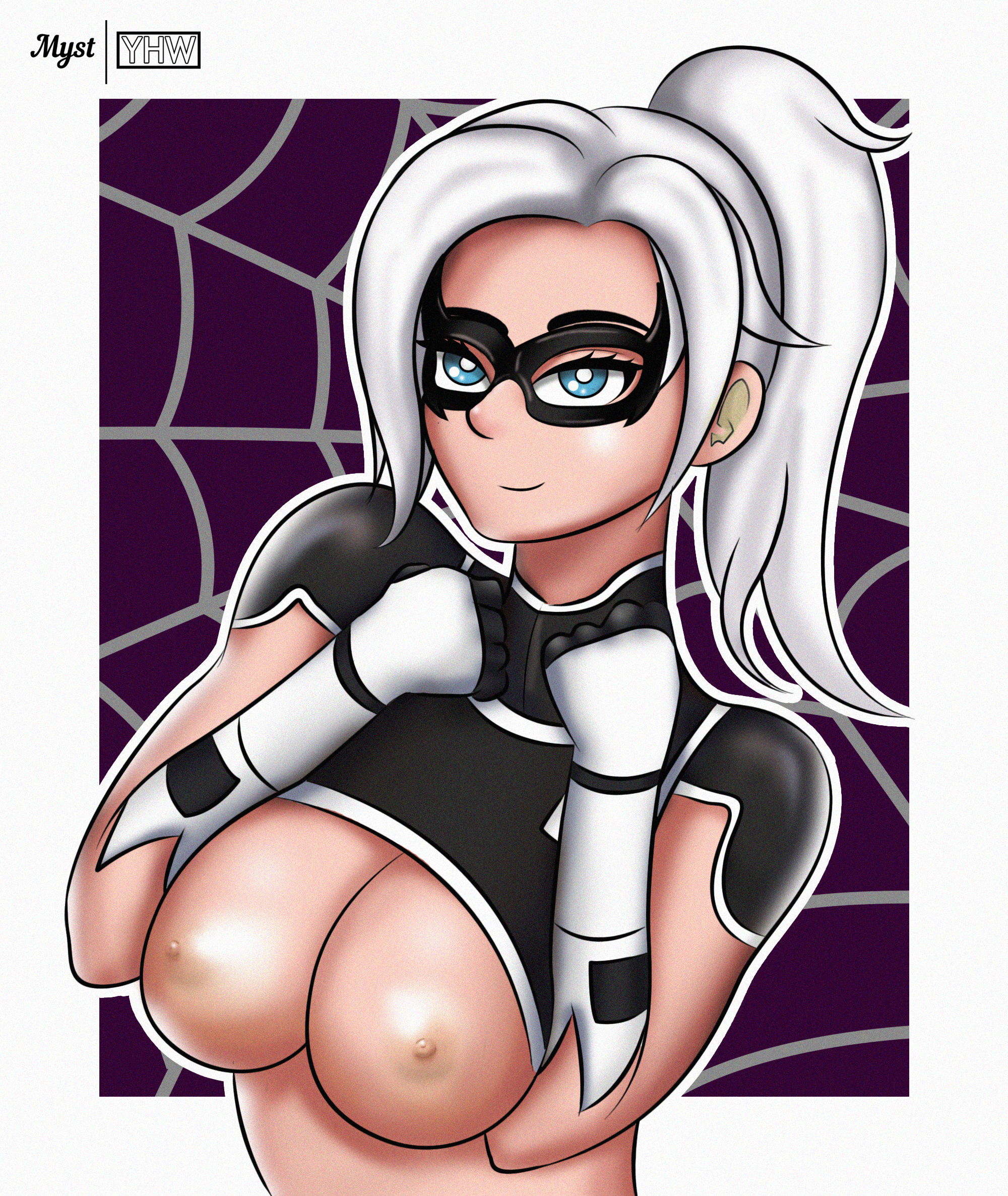 1girls, big breasts, black cat (marvel), blue eyes, breasts, felicia hardy, female, long hair, marvel, marvel comics, nipples, solo, spider-man (ps4), spider-man (series), white hair, yhw