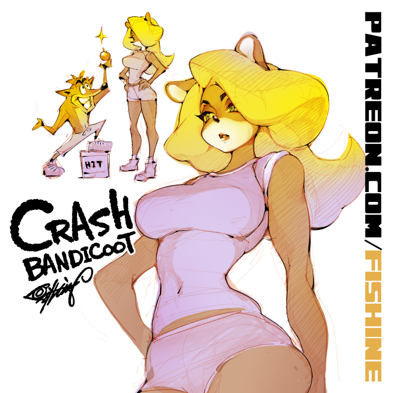 1boy, anthro, bandicoot, big breasts, blonde hair, breasts, busty, crash (series), crash bandicoot, female, fishine, furry, green eyes, male, marsupial, tawna bandicoot