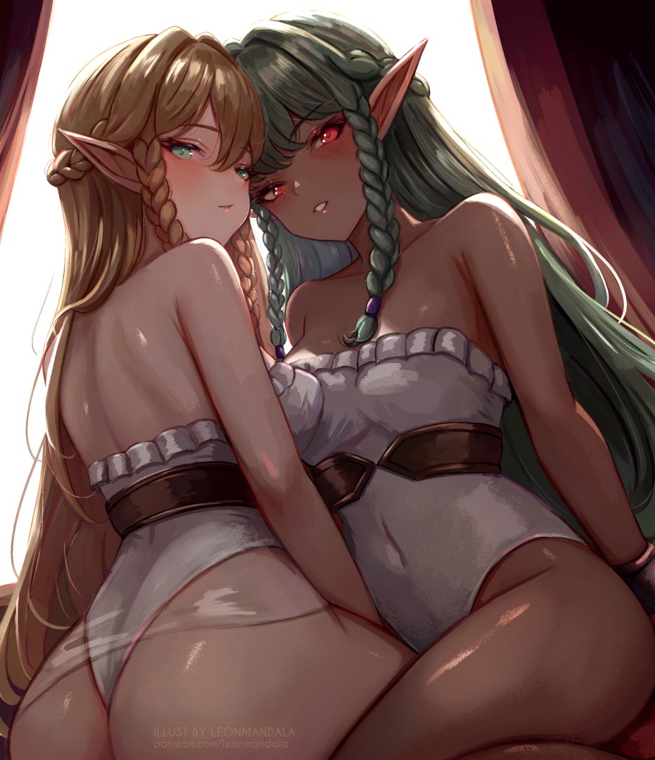 1girls, aqua hair, artist name, ass, bare shoulders, blonde hair, braid, breasts, dark elf, dark skin, dark-skinned female, elf, eltolinde (unicorn overlord), female, female only, green eyes, half up braid, highleg, highleg leotard, leonmandala, leotard, long hair, looking at viewer, medium breasts, pointy ears, red eyes, rosalinde (unicorn overlord), siblings, sisters, sitting, strapless, twin braids, unicorn overlord, very long hair, wariza, white leotard