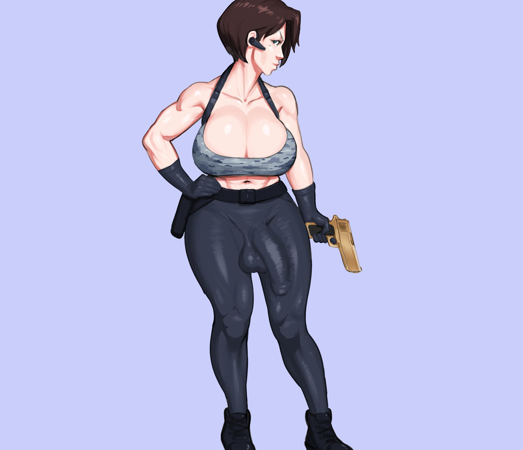 1futa, abs, balls, breasts, brown hair, bulge, clothed, color, dickgirl, female, front view, futa only, futanari, gloves, gun, hand on hip, hourglass figure, huge breasts, intersex, midriff, milf, muscles, penis, penis under clothes, sawacoe, skintight, solo, solo futa, standing, testicles, thick thighs, wide hips