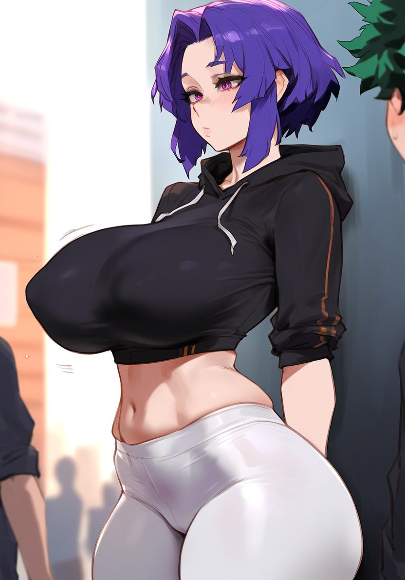 ai_generated blush boku_no_hero_academia breasts female hair_intakes hood hoodie huge_breasts izuku_midoriya lady_nagant leggings midoriya_izuku midriff navel pants purple_eyes purple_hair shirt short_hair solo_focus sports_bra thick_thighs thighs white_pants wide_hips