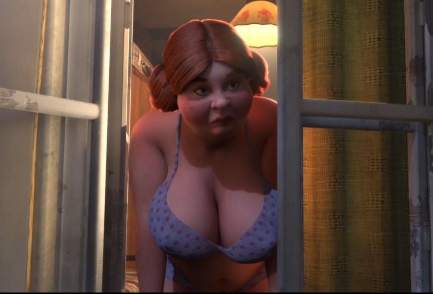 1girls 2024 belly belly_button bra breasts chubby chubby_female cropped_image huge_breasts large_breasts looking_out_window red_hair screenshot ugly_female