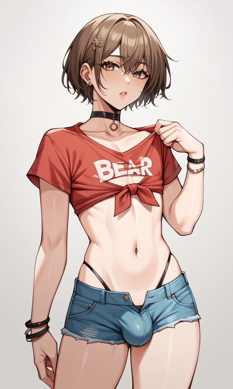 1boy ai_generated brown_hair bulge choker femboy hair_clip jaiden_(kosine1777) jean_shorts kosine1777 kosineverse original original_character red_shirt thong tied_shirt whale_tail