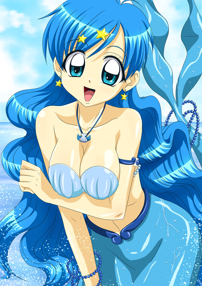 1girls ankoku_tiger big_breasts big_eyes blue_eyes blue_hair bra breasts earrings hanon_hosho houshou_hanon large_boobs large_breasts large_tits light-skinned_female light_skin long_hair mermaid mermaid_melody_pichi_pichi_pitch mermaid_tail monster princess seductive seductive_pose solo_female star_earrings